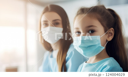 nurse doctor with a child wearing mask, ai 124004029