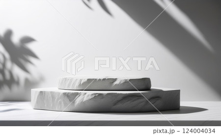 Gene3d rendering white stone podium platform for social media cosmetic product showcase on geometric cylinder shapes and white wall background with leave plant in natural sunlight and shadow 124004034