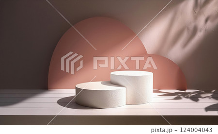 3d rendering white podium platform for social media cosmetic product showcase on pink geometric cylinder shapes and background in natural sunlight with leaf shadow 124004043
