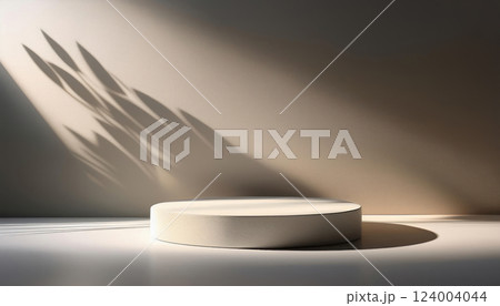 3d rendering white podium platform for social media cosmetic product showcase on blue geometric cylinder shapes and background in natural sunlight with leaf shadow for sea concept 124004044