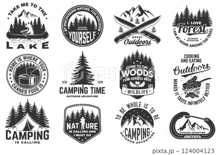 Set of logo, badge design with inspirational adventure quotes. Concept with oak leaf and acorns, pin forest, hiker, climber, matches stick, camping knives and mountain. Vector illustration. Set of logo, badge design with inspirational adventure quotes. Concept with oak leaf and acorns, pin forest, hiker, climber, matches stick, camping knives and mountain. Vector illustration. 124004123