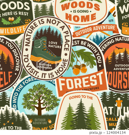 Seamless pattern with inspirational adventure quotes. Background, wallpaper, seamless pattern with oak leaf and acorns, pin forest, coffee or tea mug, hiking poles, deer. Vector illustration. 124004134