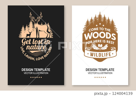 Set of hiking poster design with inspirational adventure quotes. Flyer, poster, banner with oak leaf and acorns, pin forest, deer. Vector. 124004139