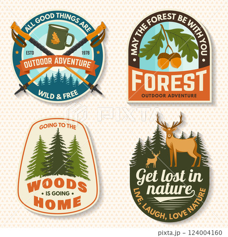 Set of logo, badge design with inspirational adventure quotes. Concept for shirt or logo, print, stamp or tee with oak leaf and acorns, pin forest, coffee or tea mug, hiking poles, deer. Vector 124004160