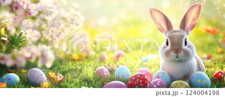 Adorable Bunny With Easter Eggs at Flower Meadow. 124004198
