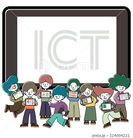 タブレット学習を楽しむこどもたちのベクターイラストセット 124004221