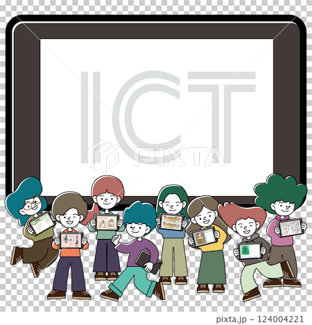 タブレット学習を楽しむこどもたちのベクターイラストセット 124004221