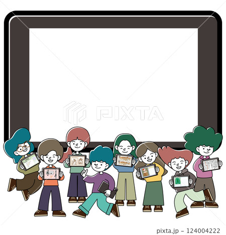 タブレット学習を楽しむこどもたちのベクターイラストセット タブレット学習を楽しむこどもたちのベクターイラストセット 124004222