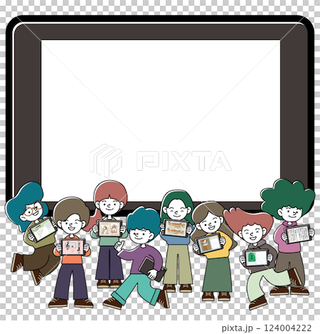 タブレット学習を楽しむこどもたちのベクターイラストセット タブレット学習を楽しむこどもたちのベクターイラストセット 124004222
