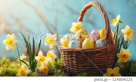 basket with easter eggs and daffodils flowers, 124004225