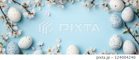 Frame with white and blue speckled easter eggs...のイラスト素材 [124004240 ...