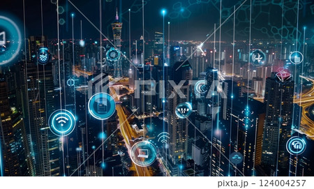 Smart City Network Digital Transformation with modern cityscape, urban technology, future vision, tech integration 124004257