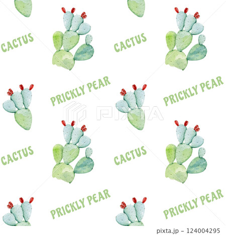 Prickly pear cactus seamless pattern hand drawn watercolor illustration. Opuntia cactus natural healthy desert succulent plant on white background seamless pattern 124004295