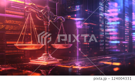 Law scales on background of data center. Digital law concept of duality of Judiciary, 124004331