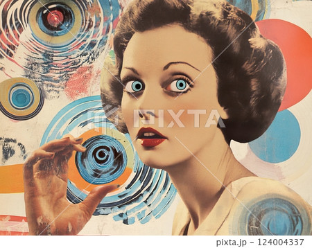 This artwork presents a Surreal Vintage Portrait enhanced by vibrant swirls and captivating graphic elements 124004337