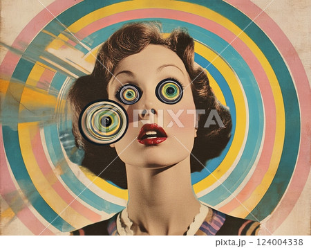 This artwork presents a Surreal Vintage Portrait enhanced by vibrant swirls and captivating graphic elements 124004338