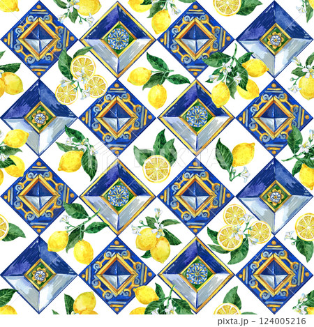 Mediterranean Amalfi Coast pattern. Citrus on ceramic tile.  Mediterranean Amalfi Coast pattern. Citrus on ceramic tile.  124005216