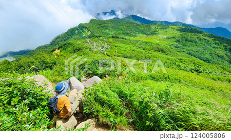 夏の火打山・妙高山登山（天狗の庭～火打山山頂：登山道から天狗の庭を望む） 124005806