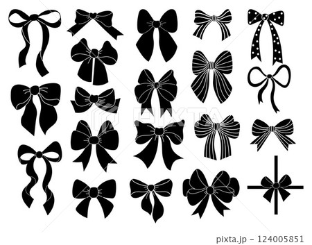 Vintage coquette aesthetic black ribbon bow silhouettes. Romantic girly vibe set. Vector illustration. Isolated decorative holiday elements on white background Vintage coquette aesthetic black ribbon bow silhouettes. Romantic girly vibe set. Vector illustration. Isolated decorative holiday elements on white background 124005851