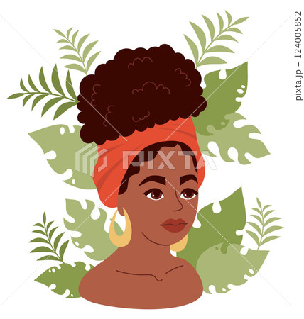 Cute pretty African American woman with hairstyle and headscarf. Female portrait with tropical leaves on white background. Vector illustration 124005852
