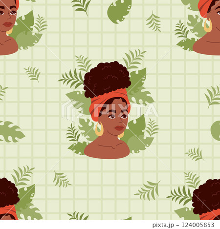 Seamless pattern with Cute pretty African American woman with tropical leaves on green checkered background. Vector illustration 124005853