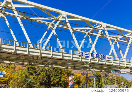 鉄橋と高尾山の麓の紅葉　東京秋葉原 124005976