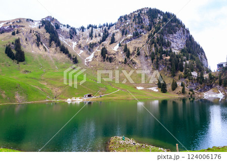 View of the Lake Hinterstocken at the foot of Stockhorn peak in Bernese Oberland, Switzerland 124006176
