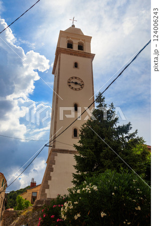 The bell tower of the Church of the Nativity of Mary in Skradin, Croatia The bell tower of the Church of the Nativity of Mary in Skradin, Croatia 124006243