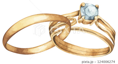 Watercolor Diamond Ring. Luxury Wedding Jewelry Illustration for Invitations & Decor 124006274