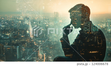 A thoughtful and pensive man is overlooking a captivating cityscape enhanced with a digital creative overlay 124006678