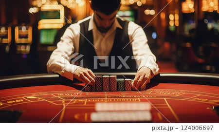 An elegant casino with a classic roulette table and a skilled croupier, creating an exciting betting atmosphere 124006697