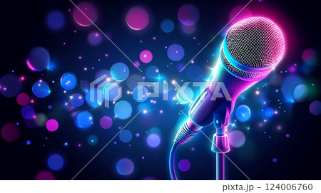 A Classic Retro Microphone Set Against a Beautiful Blue Bokeh Background Creating a Stunning Visual Effect A Classic Retro Microphone Set Against a Beautiful Blue Bokeh Background Creating a Stunning Visual Effect 124006760