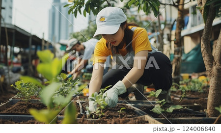 Volunteers working together planting seedlings in an urban garden, promoting sustainability and community gardening Volunteers working together planting seedlings in an urban garden, promoting sustainability and community gardening 124006840