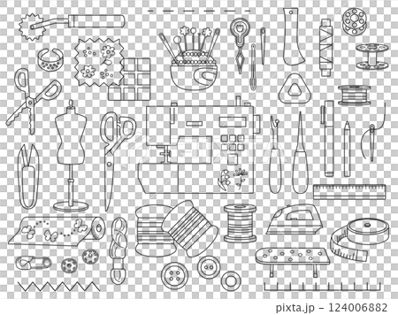 縫紉機、針墊、布料等縫紉工具的插圖集（線描版） 124006882