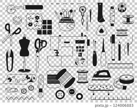 A set of illustrations of sewing tools such as sewing machines, pincushions, and fabrics (monochrome version) A set of illustrations of sewing tools such as sewing machines, pincushions, and fabrics (monochrome version) 124006883
