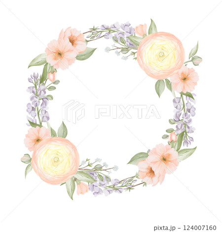 Spring Flowers Wreath, circle Frame, Border from Ranunculus and Freesia, Peach or Cherry, Sakura. Watercolor hand painted botanical illustration isolated on a white background. 124007160