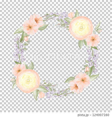 Spring Flowers Wreath, circle Frame, Border from Ranunculus and Freesia, Peach or Cherry, Sakura. Watercolor hand painted botanical illustration isolated on a white background. 124007160
