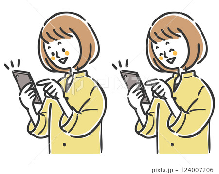 スマホを操作して笑顔の女性　上半身　ベクター 124007206