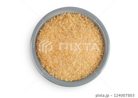 The brown sugar in ceramic bowl isolated on white background. Top view. Flat lay The brown sugar in ceramic bowl isolated on white background. Top view. Flat lay 124007803
