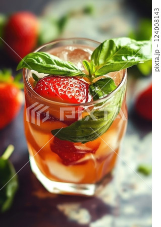 Refreshing Strawberry Basil Cocktail in a Glass with Ice 124008143