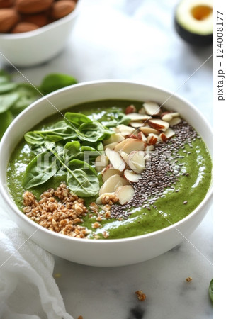 Delicious Green Smoothie Bowl with Fresh Spinach and Nuts Delicious Green Smoothie Bowl with Fresh Spinach and Nuts 124008177