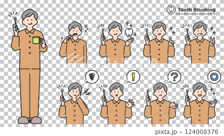 歯みがきをするシニア男性 表情とポーズのバリエーション セット 歯みがきをするシニア男性 表情とポーズのバリエーション セット 124008376