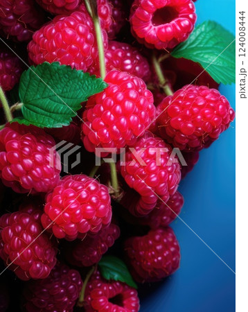ripe bright raspberries on a blue background. contrasting bright vertical card 124008444