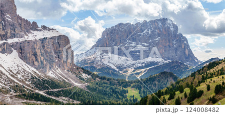Scenic mountain landscape with snowy peaks and forested valleys near Valley of Funes at Dolomites, Italy 124008482