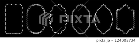 Set of exquisite silver frames with wavy lines and patterns. Fashionable vintage ornate frames for wedding invitations, greeting cards, prints. 124008734
