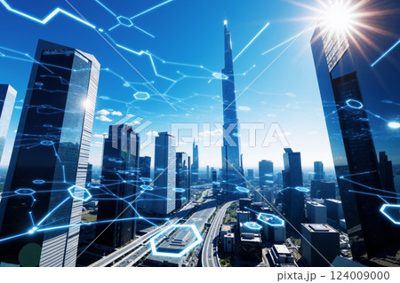 ITネットワークでつながった都市のイメージ AI生成画像 ITネットワークでつながった都市のイメージ AI生成画像 124009000