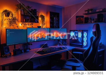 A tech focused gaming and work hybrid setup with LED lighting 124009331