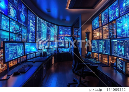 A futuristic control room with multiple monitors displaying data 124009332