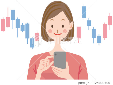 株で資産運用する女性　主婦 124009400