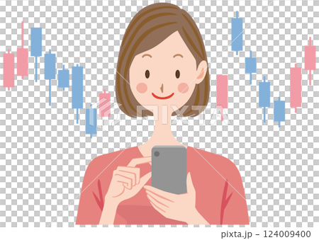 株で資産運用する女性　主婦 124009400